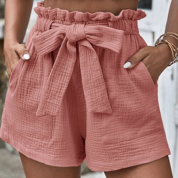 Pink Boho Womens Paper Bag Waist Belted Shorts - Picture 1 of 5